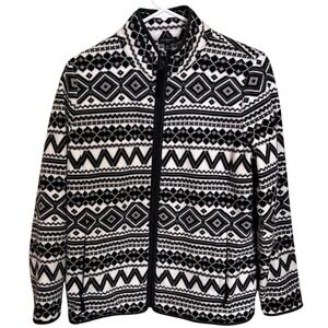 Talbots Womens Petite Fleece Jacket MP  Black & White Geometric Print Full Zip